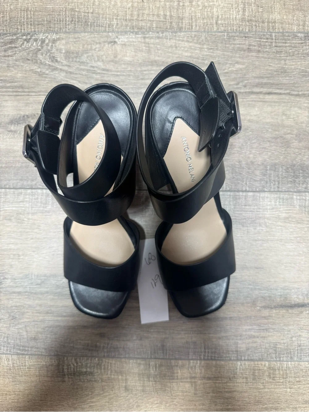 ANTONIO MELANI Black Leather Ankle-Strap Block Heel Sandals
